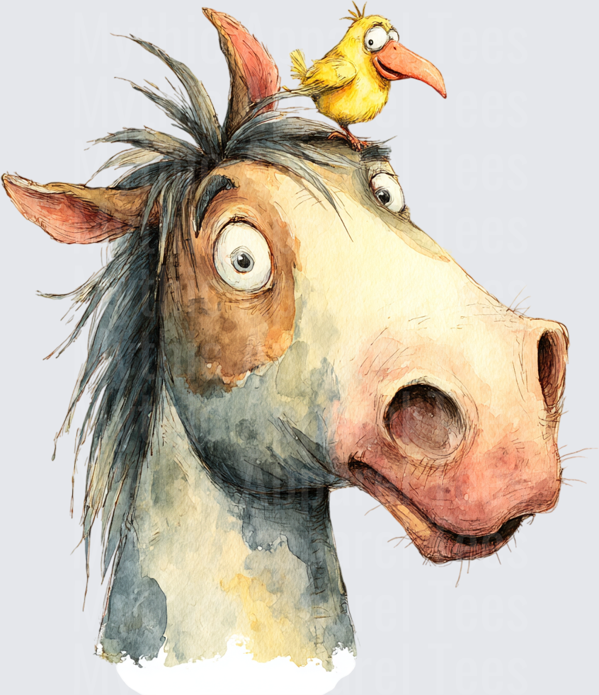 Funny Cartoon Horse with Wild Eyes and Yellow Bird Perched on Head Watercolor Illustration