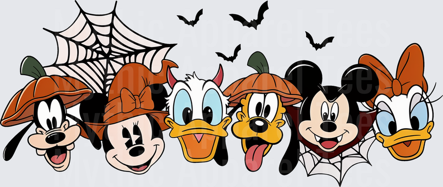 Mickey Mouse and Friends Halloween Pumpkin Hat Gang with Bats and Spiderwebs Goofy Minnie Donald Pluto Daisy