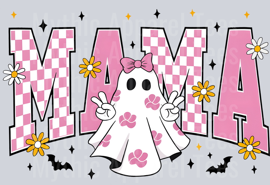 mama ghost spooky ghost with peace sign pink checker mama DTF Halloween Transfers