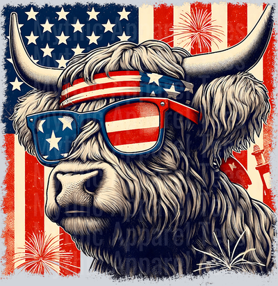 Patriotic Highland Cow with USA glasses DTF Highland Cow Transfers