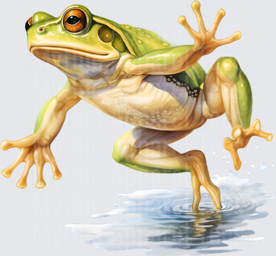 Realistic Green Tree Frog Leaping Over Water with Reflection