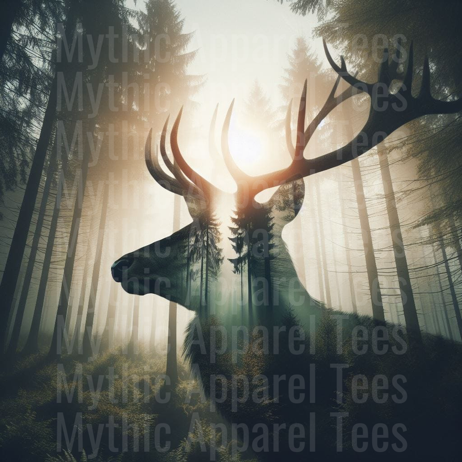 Majestic Buck Double Exposure Silhouette With Misty Pine Forest and Sunlight