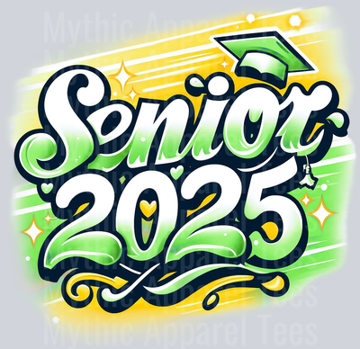 0036 Senior 2025 Airburshed GREEN and Yellow 1 DTF 2025 Senior Graduation Transfers