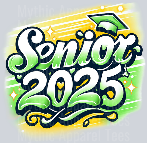0036 Senior 2025 Airburshed GREEN and Yellow 1 DTF 2025 Senior Graduation Transfers