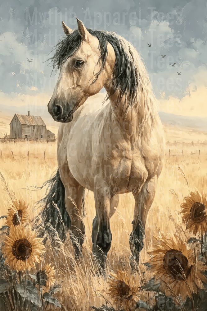 Majestic Cream Horse with Dark Mane Standing in Golden Sunflower Field with Rustic Farmhouse