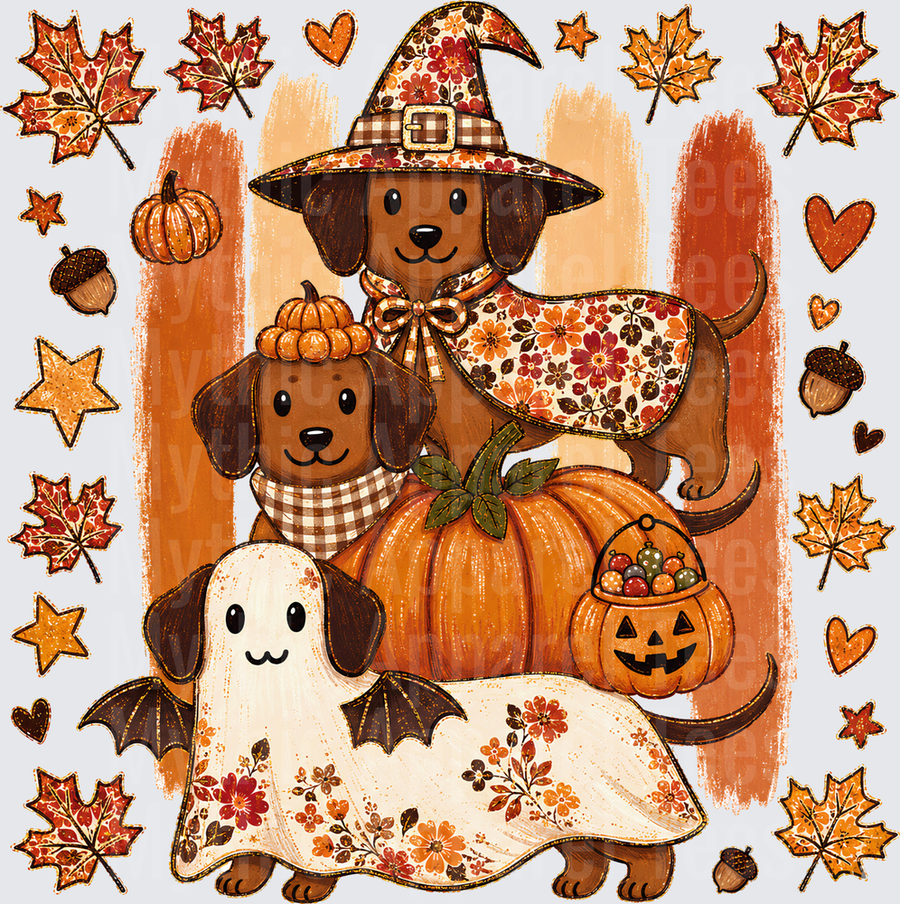 Fall Designs Cute Dachshund Trio in Halloween Costumes with Witch Hat Ghost and Pumpkin Hat Surrounded by Autumn Leaves Acorns and Jack-o-Lantern Candy Bucket