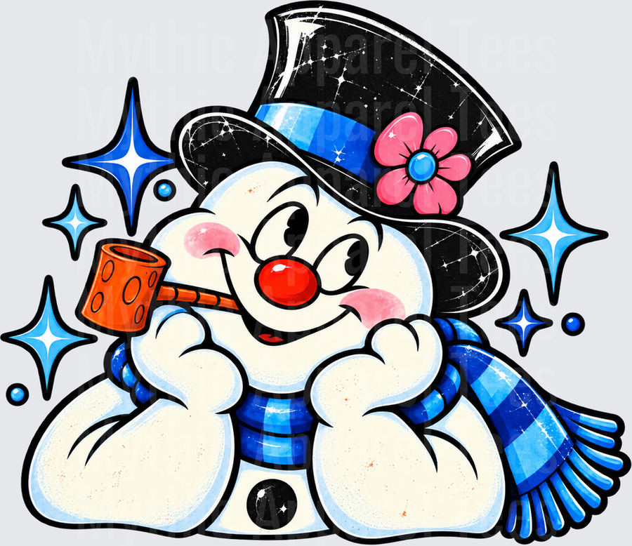 Frosty the Snowman Relaxing Pose with Corncob Pipe Black Top Hat Pink Flower Blue Plaid Scarf Sparkle Stars