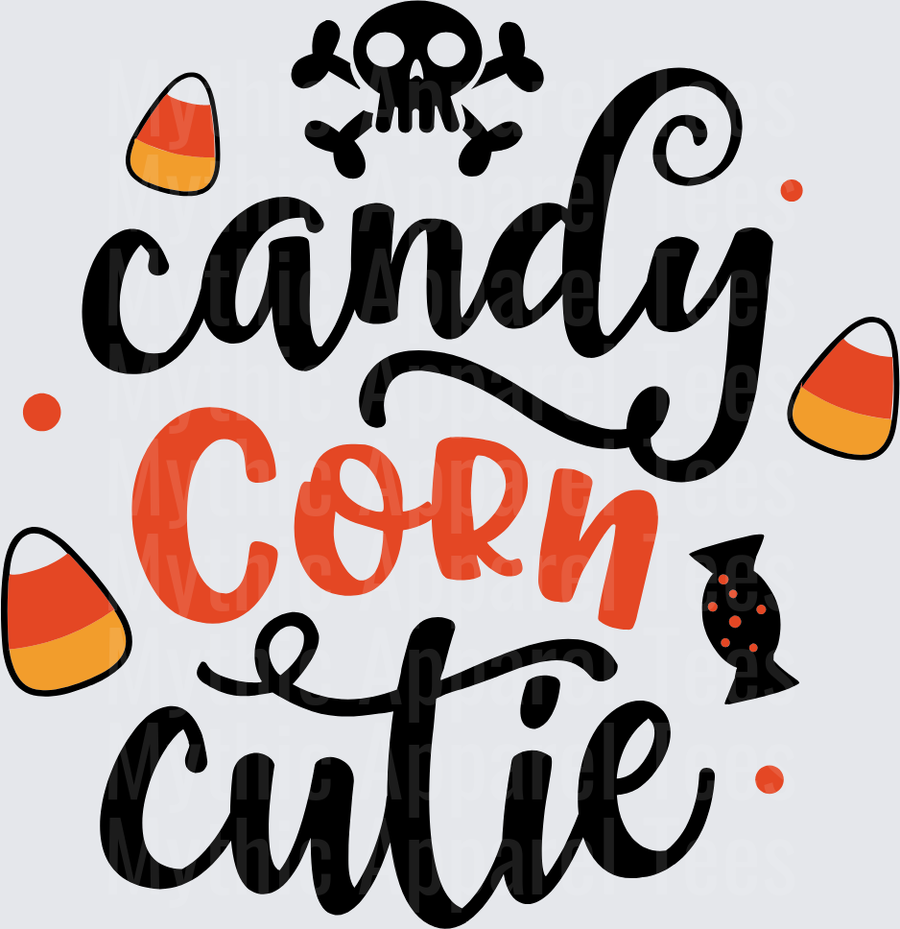 Candy Corn Cutie Halloween Script Lettering with Skull Crossbones and Candy Corn Accents