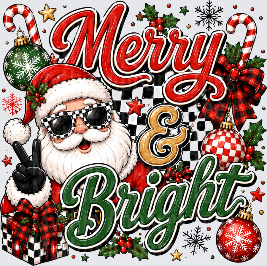 Merry and Bright Cool Santa Claus Checkered Sunglasses Peace Sign Holiday Christmas Design with Ornaments Candy Canes and Buffalo Plaid
