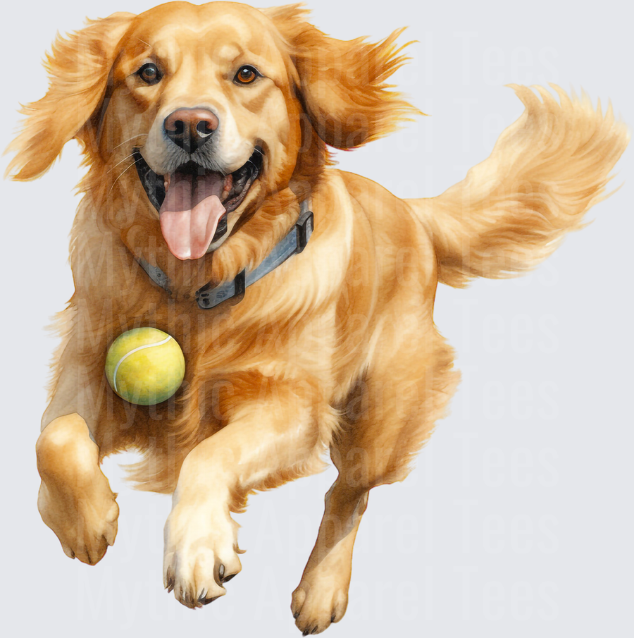Happy Golden Retriever Running with Tennis Ball Watercolor Illustration