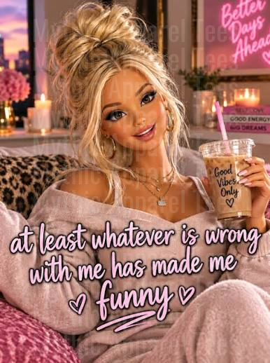 Glam Blonde Doll Face Holding Good Vibes Only Iced Coffee At Least Whatever Is Wrong With Me Has Made Me Funny Humorous Quote Design