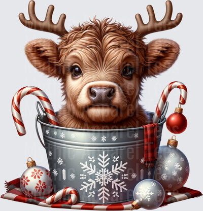 Highland Christmas Cow Reindeer Antlers Galvanized Bucket