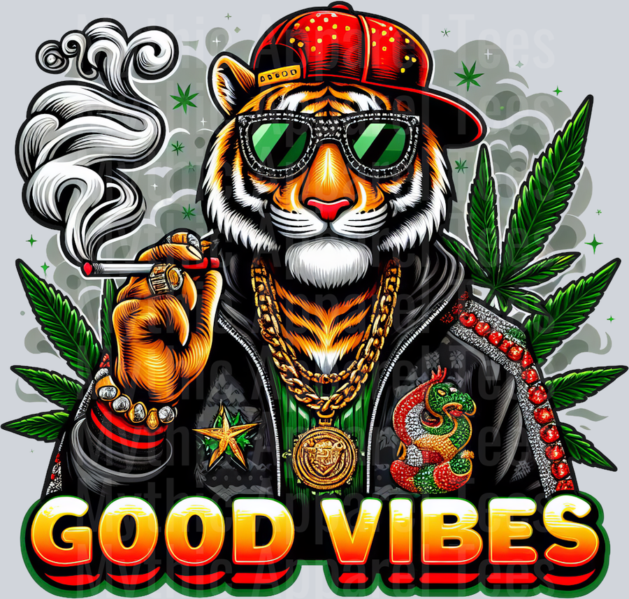 Tiger GOOD VIBES smoking floral colors weed plant DTF Weed Transfers