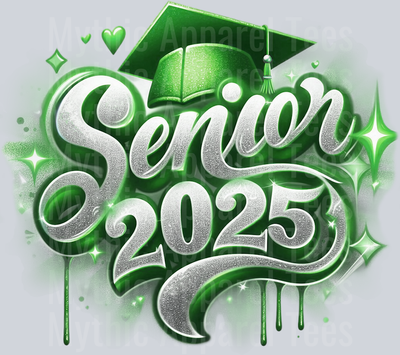 007 Senior 2025 Airbrushed Green DTF 2025 Senior Graduation Transfers
