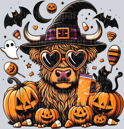Halloween Highland Cow Witchy Cow Spooky Pumpkin Hello Fall T-Shirt