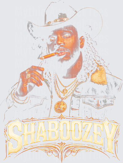 Shaboozey Cowboy Hat Cigar Gold Chain Portrait Vintage Western Halftone Graphic