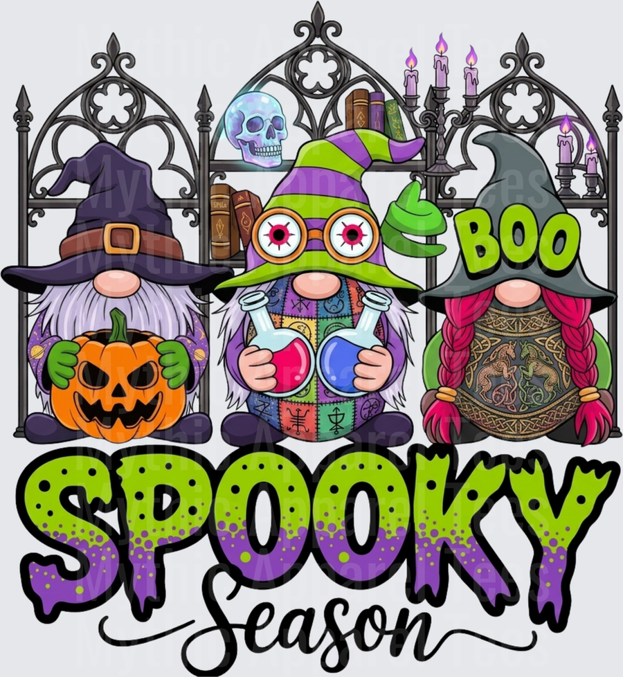 Three Halloween Witch Gnomes Spooky Season Boo with Jack-O-Lantern Potion Bottles and Gothic Arch