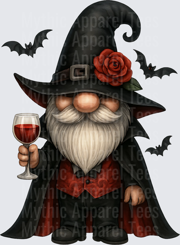 Halloween Witch Gnome in Black Cape Holding Red Wine Glass with Bats and Rose