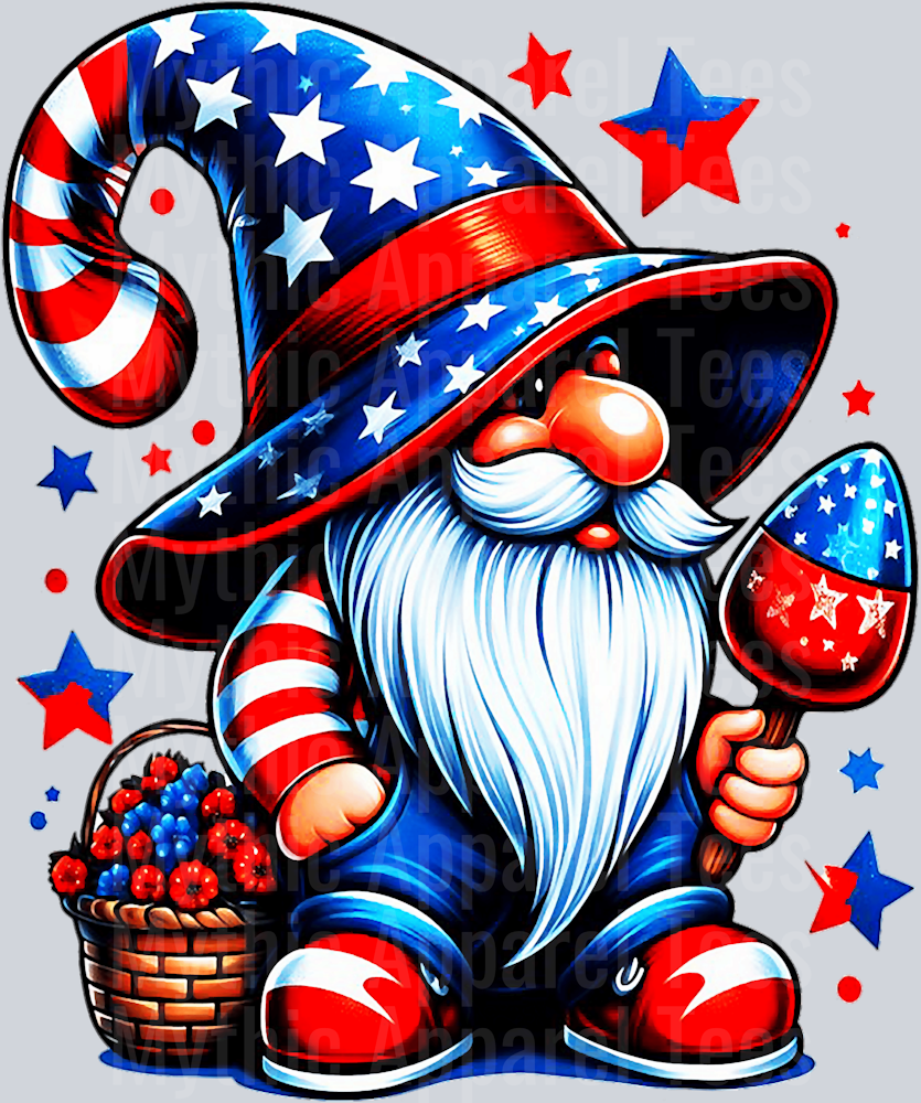 Gnome with firework and basket of flowers USA American Flag DTF Patriotic Transfers