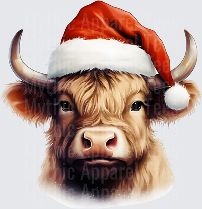 Highland Christmas Cow Santa Hat Fluffy Horned Portrait