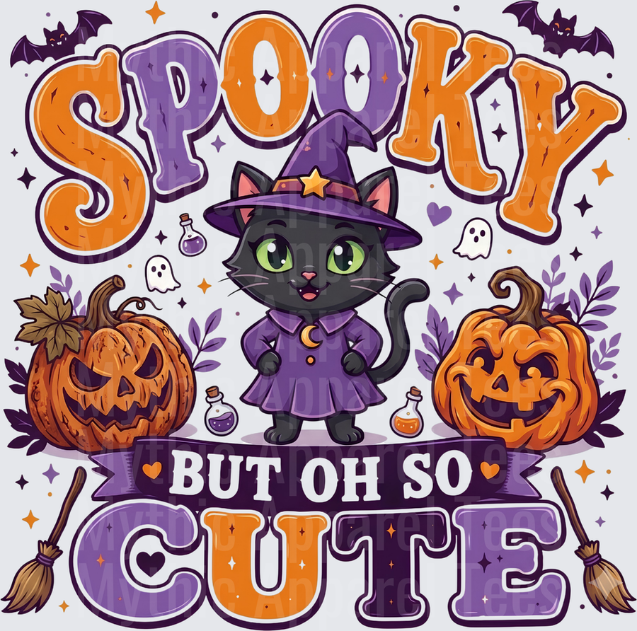 Spooky But Oh So Cute Black Witch Cat with Jack-o-Lanterns Bats Ghosts and Broomsticks Halloween Design
