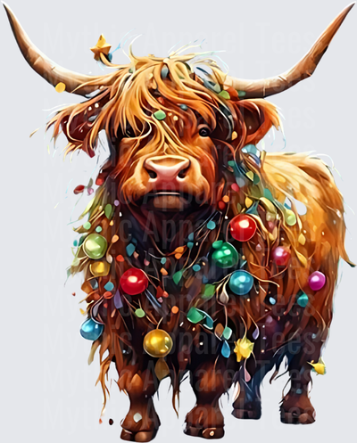 Highland Christmas Cow With Colorful Holiday Ornaments