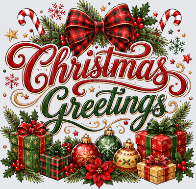 Christmas Greetings Buffalo Plaid Bow Holly Ornaments Gifts Candy Canes Festive Holiday Script Design
