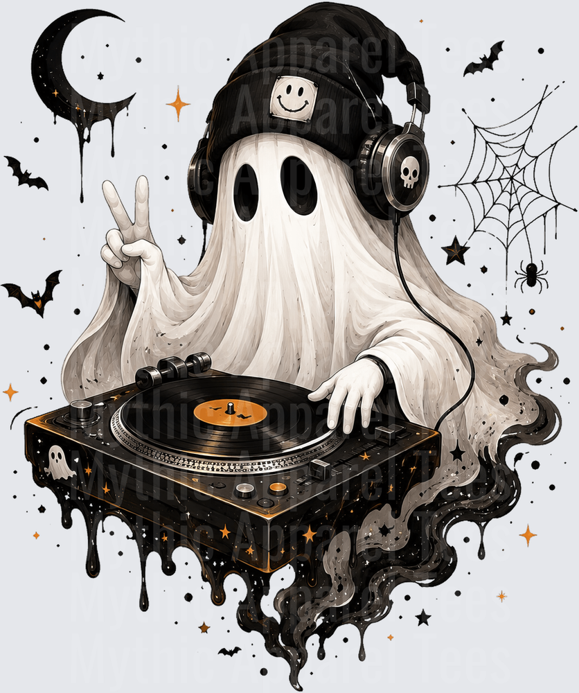 Halloween Ghost DJ Spinning Vinyl Records with Headphones