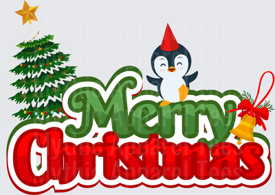 Merry Christmas Cute Penguin with Party Hat Christmas Tree and Gold Bell Holiday Festive Design