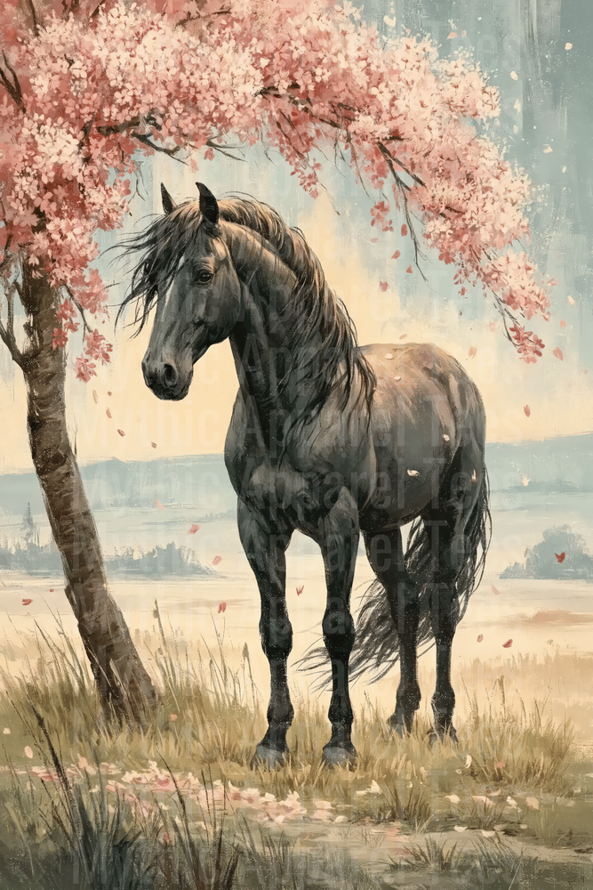 Majestic Black Horse Standing Under Blooming Cherry Blossom Tree with Falling Pink Petals