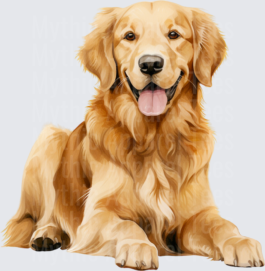 Watercolor Golden Retriever Dog Lying Down with Happy Smile and Tongue Out