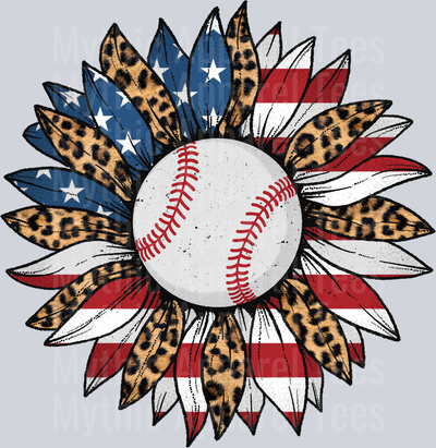 Baseball sunflower with woven cheetah prints flower american USA patriotic  DTF Baseball Transfers