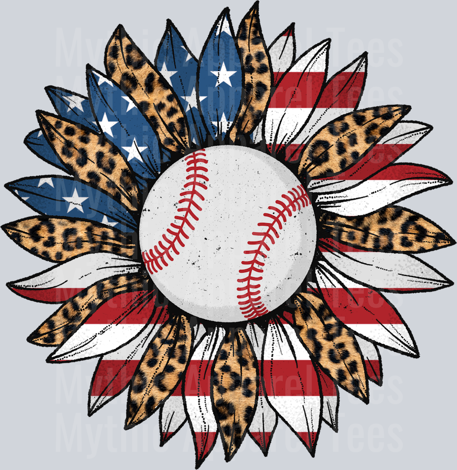 Baseball sunflower with woven cheetah prints flower american USA patriotic  DTF Baseball Transfers