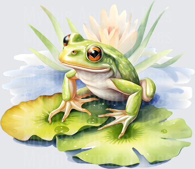 Watercolor Green Tree Frog Sitting on Lily Pad with Pink Water Lily Flower Pond Scene