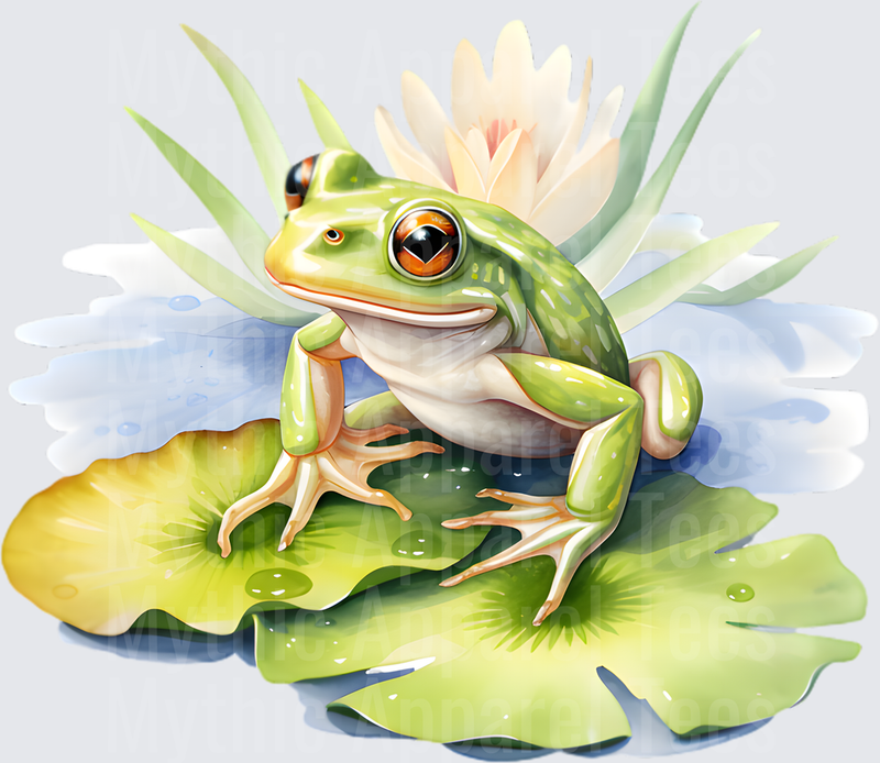 Watercolor Green Tree Frog Sitting on Lily Pad with Pink Water Lily Flower Pond Scene