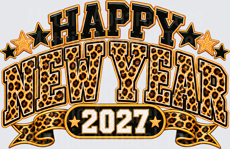 Happy New Year 2027 Leopard Print Bold Varsity Letter Design with Stars and Banner