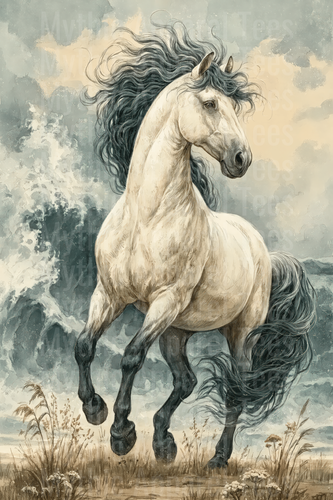 Majestic White Stallion Rearing Against Stormy Ocean Waves with Dark Flowing Mane and Tail