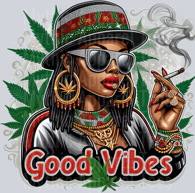 Good Vibes Gold Earrings Girl Smoking floral colors weed plant DTF Weed Transfers