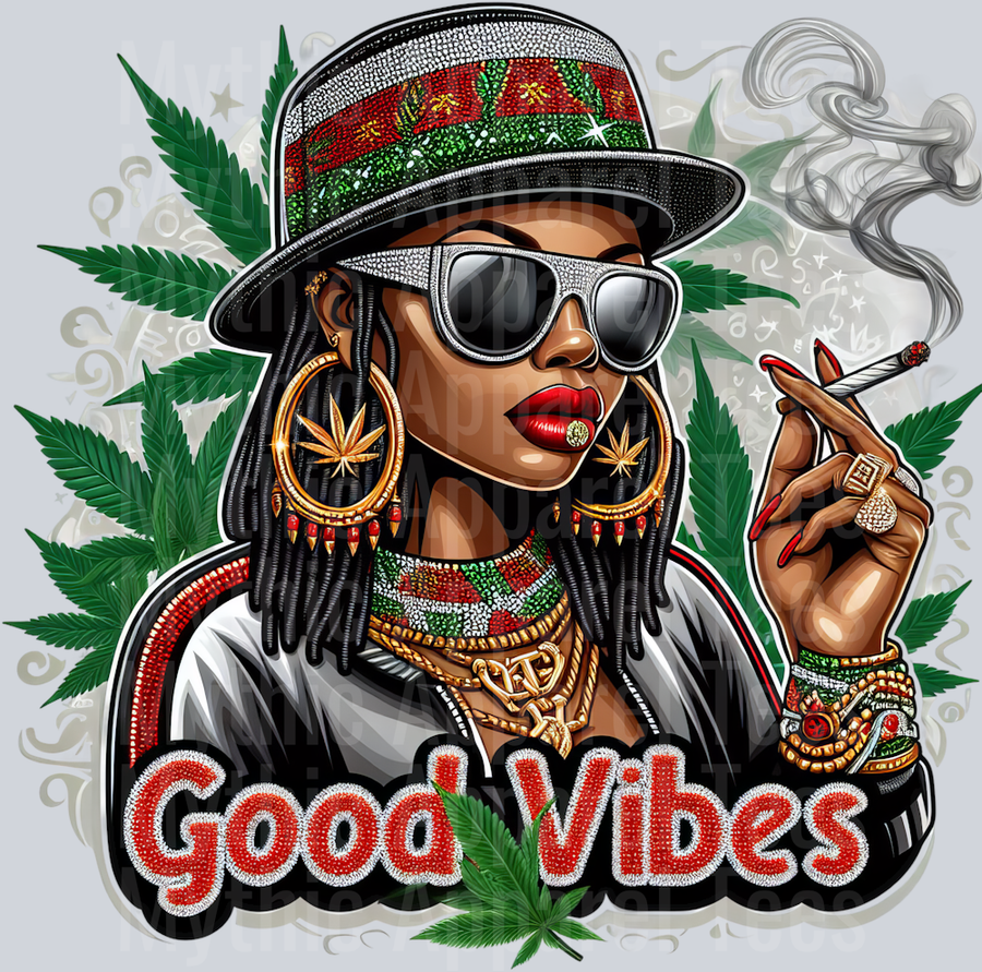 Good Vibes Gold Earrings Girl Smoking floral colors weed plant DTF Weed Transfers