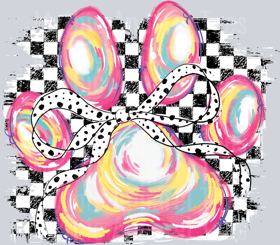 Iridescent paw print over checker pattern Dog Mom DTF Dog Transfers