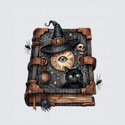 Vintage Witch Spellbook with Black Cat Green Eyes Witch Hat All Seeing Eye Clock Skull and Spiders Gothic Halloween Grimoire