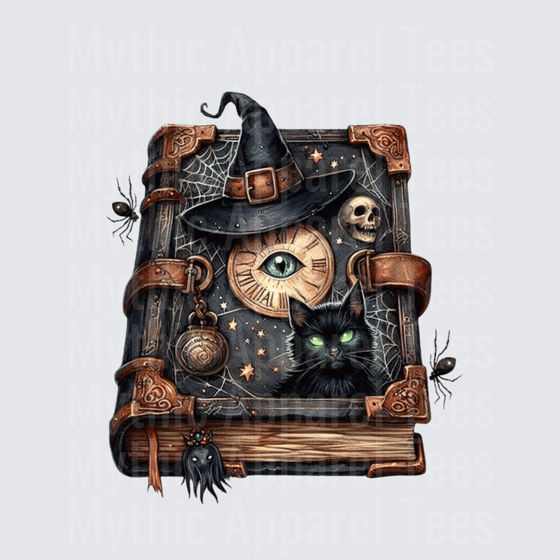 Vintage Witch Spellbook with Black Cat Green Eyes Witch Hat All Seeing Eye Clock Skull and Spiders Gothic Halloween Grimoire