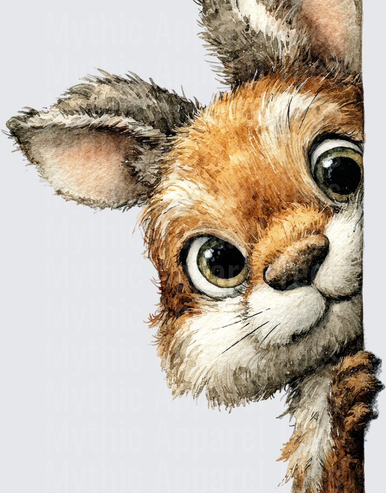 Curious Peekaboo Baby Fox Watercolor Big Eyes Peeking Around Corner