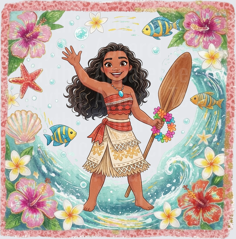 Moana Waving with Paddle Ocean Waves Tropical Floral Border