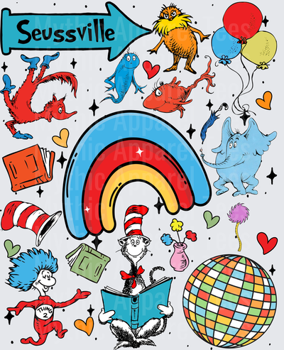 DR Seuss Seussville Characters Collage Cat in the Hat Lorax Thing 2
