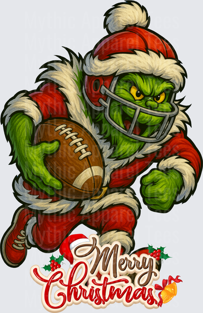 Grinch Football Grinch In Santa Suit And Football Helmet Running With Football Merry Christmas Holiday Design