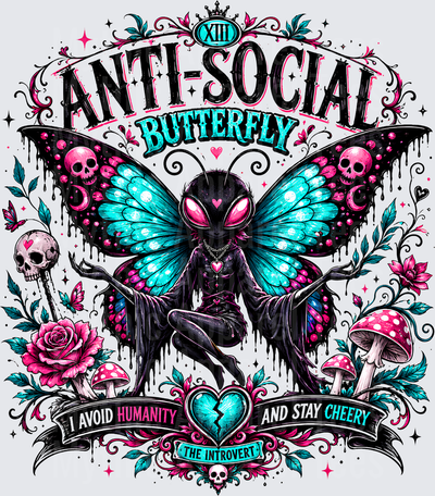 Sarcastic Skull Anti-Social Butterfly Goth Introvert XIII Dark Fairy