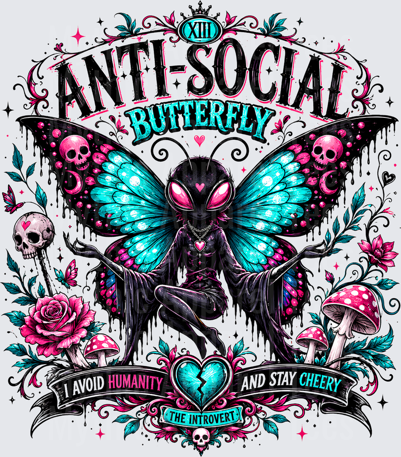 Sarcastic Skull Anti-Social Butterfly Goth Introvert XIII Dark Fairy