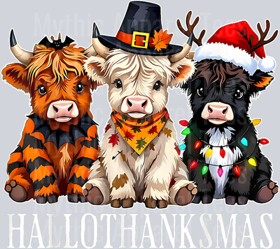HalloThanksMas Halloween Thanksgiving Christmas Highland Cow T-Shirt