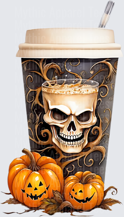 Spooky Skull Pumpkin Spice Latte Cup with Jack-O-Lanterns and Gothic Swirl Vines